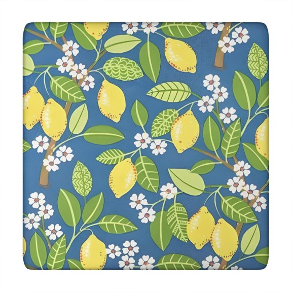 Yellow Lemon Fruit Flowers Blue Pattern Square Fitted Tablecloth with Elastic Edge,Square Table Cover,Washable Elastic Table Cover for Home Kitchen Party Decor 34"x34"