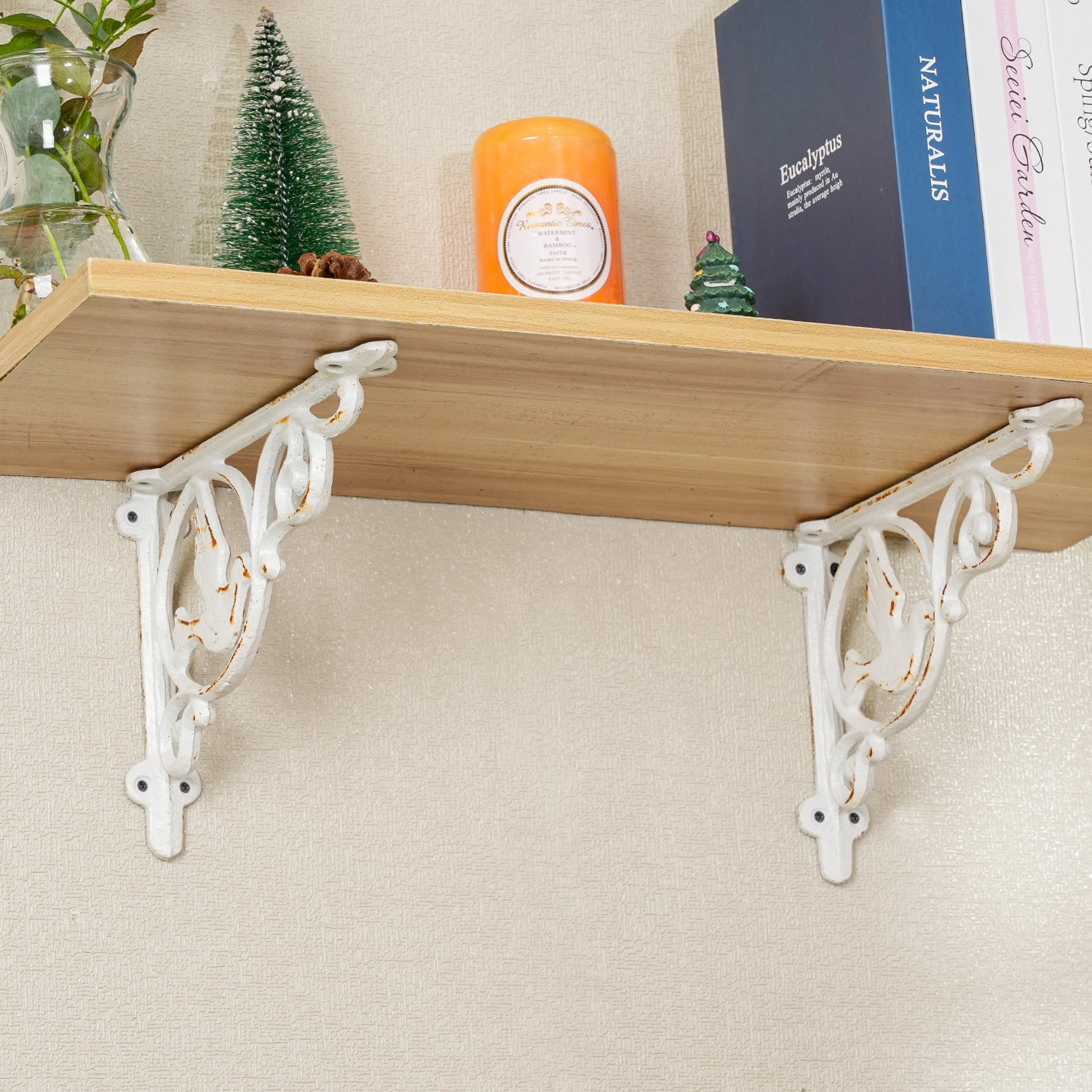 Sungmor 9.2 Inch Cast Iron Rustic White Brackets for Shelves, 2PC Vintage Decorative Angle Support Doorway Bracket, Shelves Corbels, Wall Mounted Floating Shelf Bracket