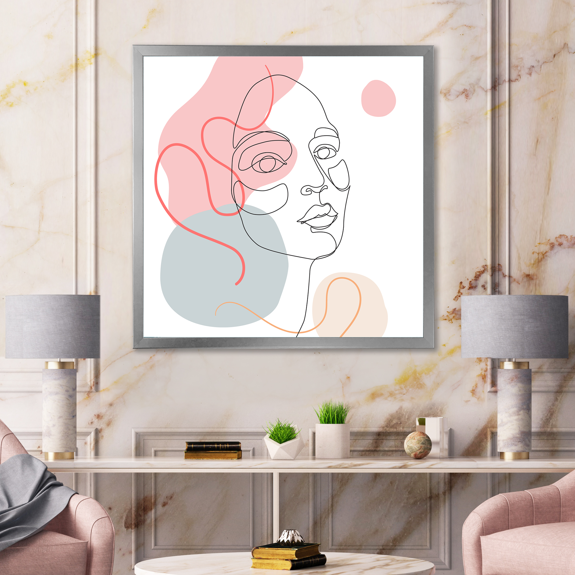 Designart 'One Line Drawing of Young Girl In Pastel Tones' Modern Framed Art Print