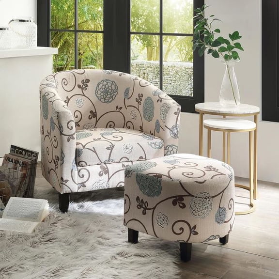 Modern Accent Tub Chair and Ottoman Set Fabric Upholstered Armchair with Padded Seat Ergonomic Backrest Solid Wood Legs Wide Armrests Footrest Living Room Bedroom Reading Chair Furniture Set