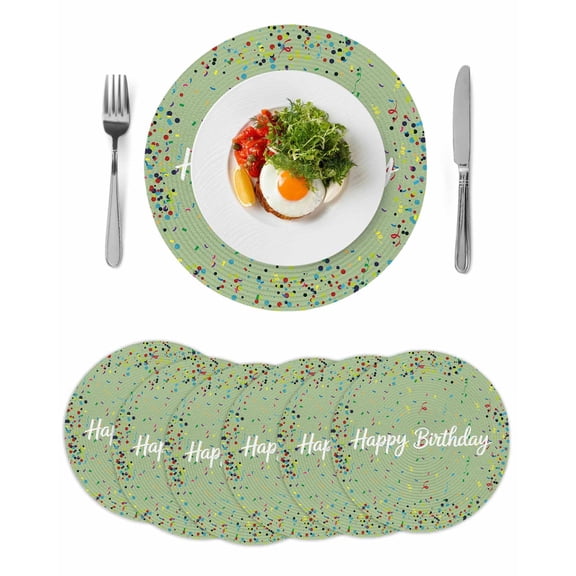 Happy Birthday Round 15 Inch Placemats Set of 6, Sage Green Modern Abstract Art HeatResistant Non Slip Place Mats for Dining Table, Wipeable Braided Kitchen Table Mats for Housewarming