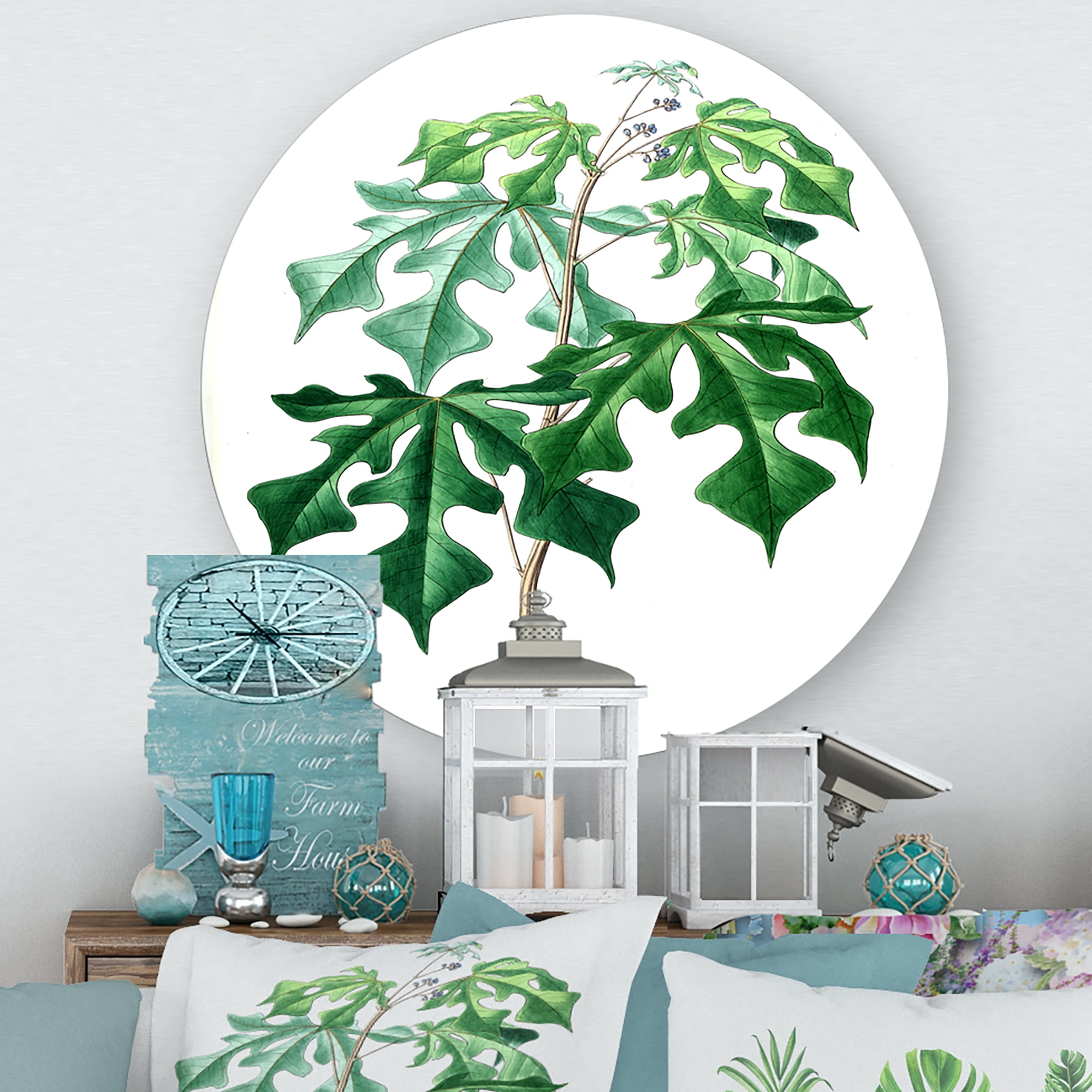Designart 'Ancient Green Leaves Plants II' Traditional Circle Metal Wall Art 23x23 - Disc of 23