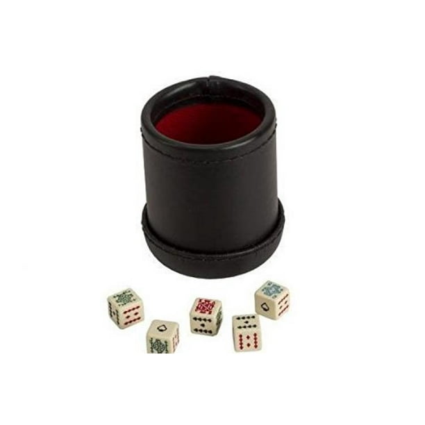 Deluxe Leather Like Dice Cup with 5 Poker Dice Black/Cream Color