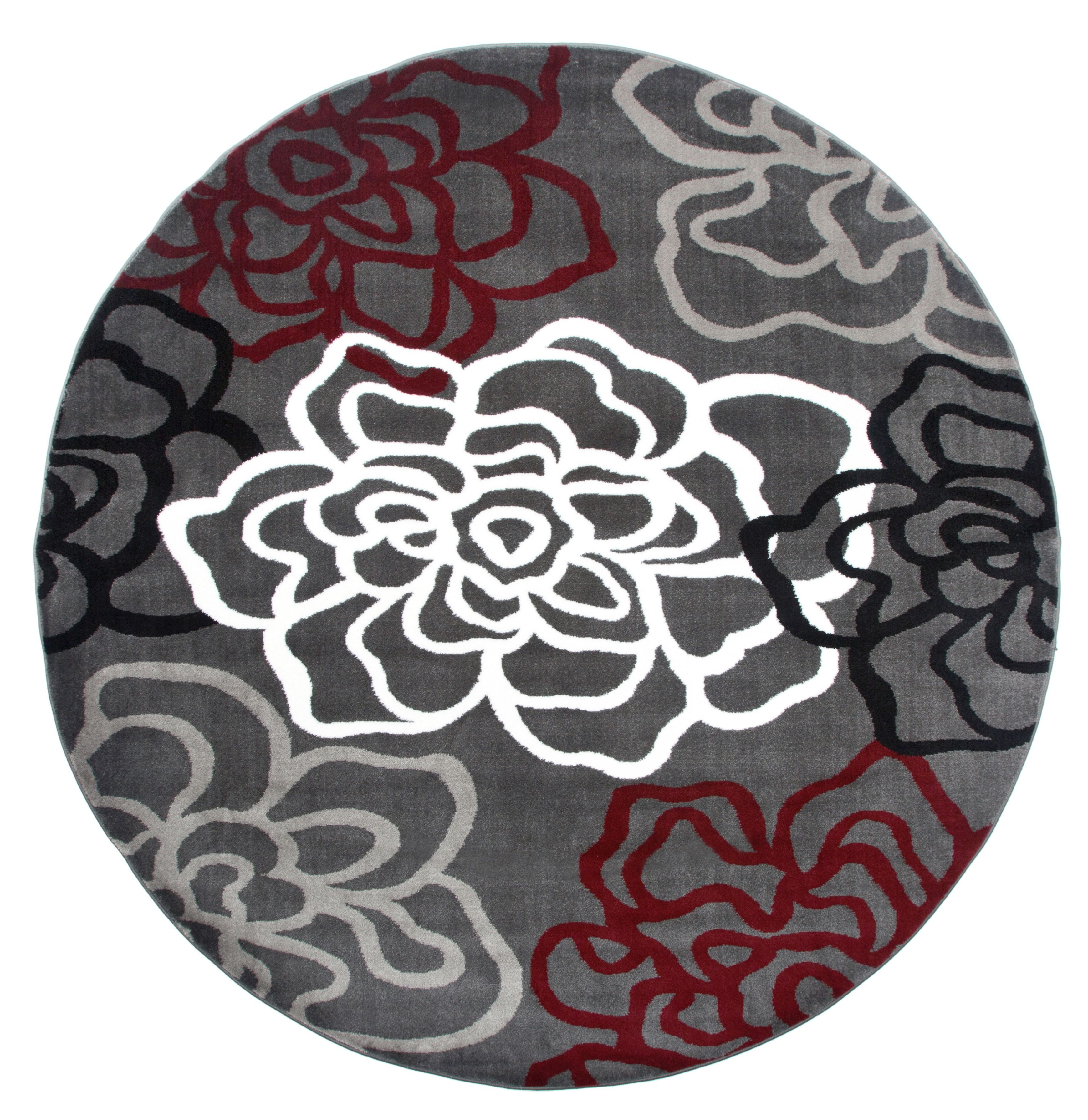 Contemporary Modern Floral Flowers RedGrey 6' 6" ROUND Indoor Area Rug