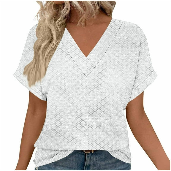 AVTOIFY Summer Womens Blouses Dressy Casual, Women's Casual Printed Short Sleeve Comfortable V-Neck Blouse Fashionable And Comfortable Tops White XL
