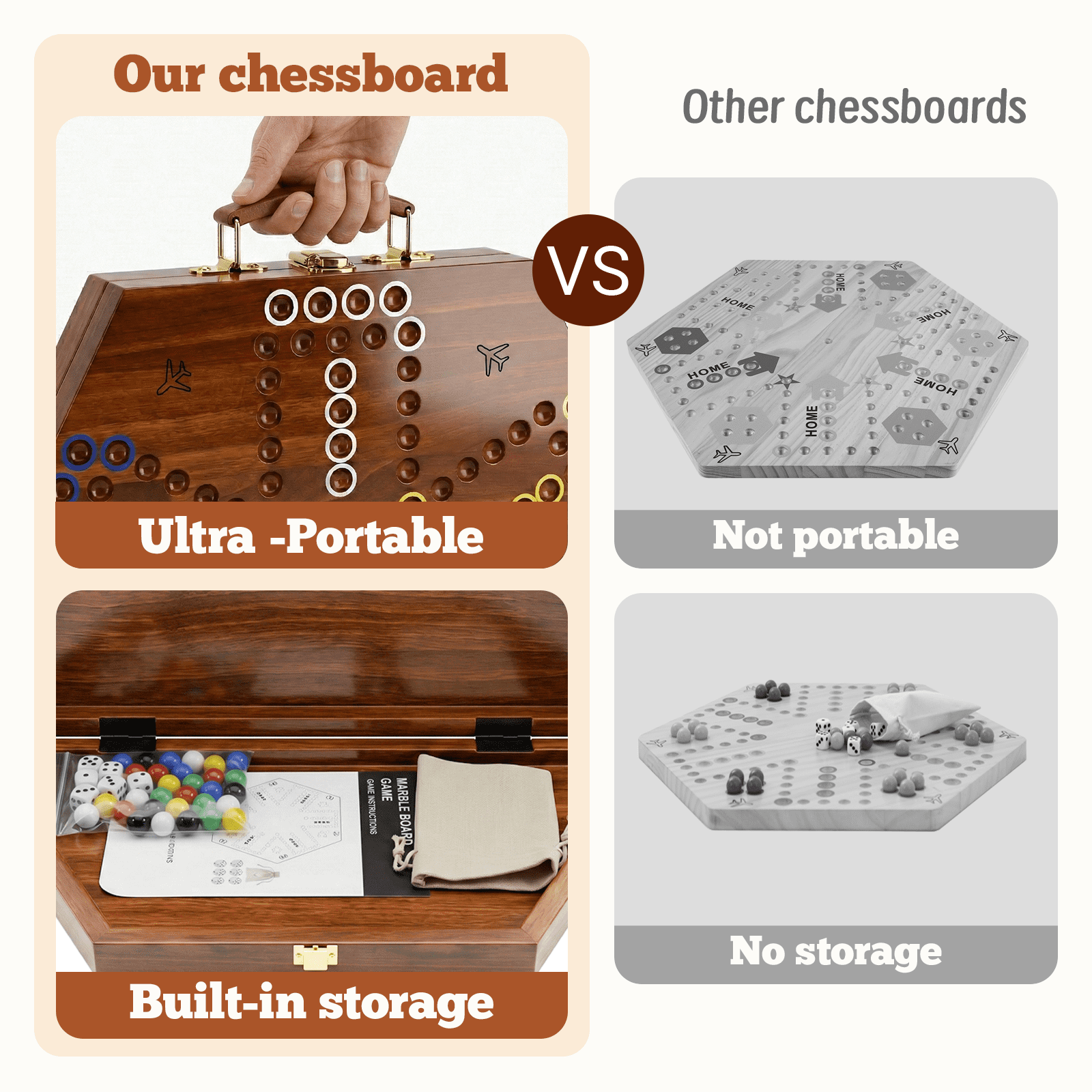 Grhonior Folding Wooden Wahoo Board Game Set Burnt Color 6 Player Integrated Accessory Storage 1 Pack Large 21 Inch