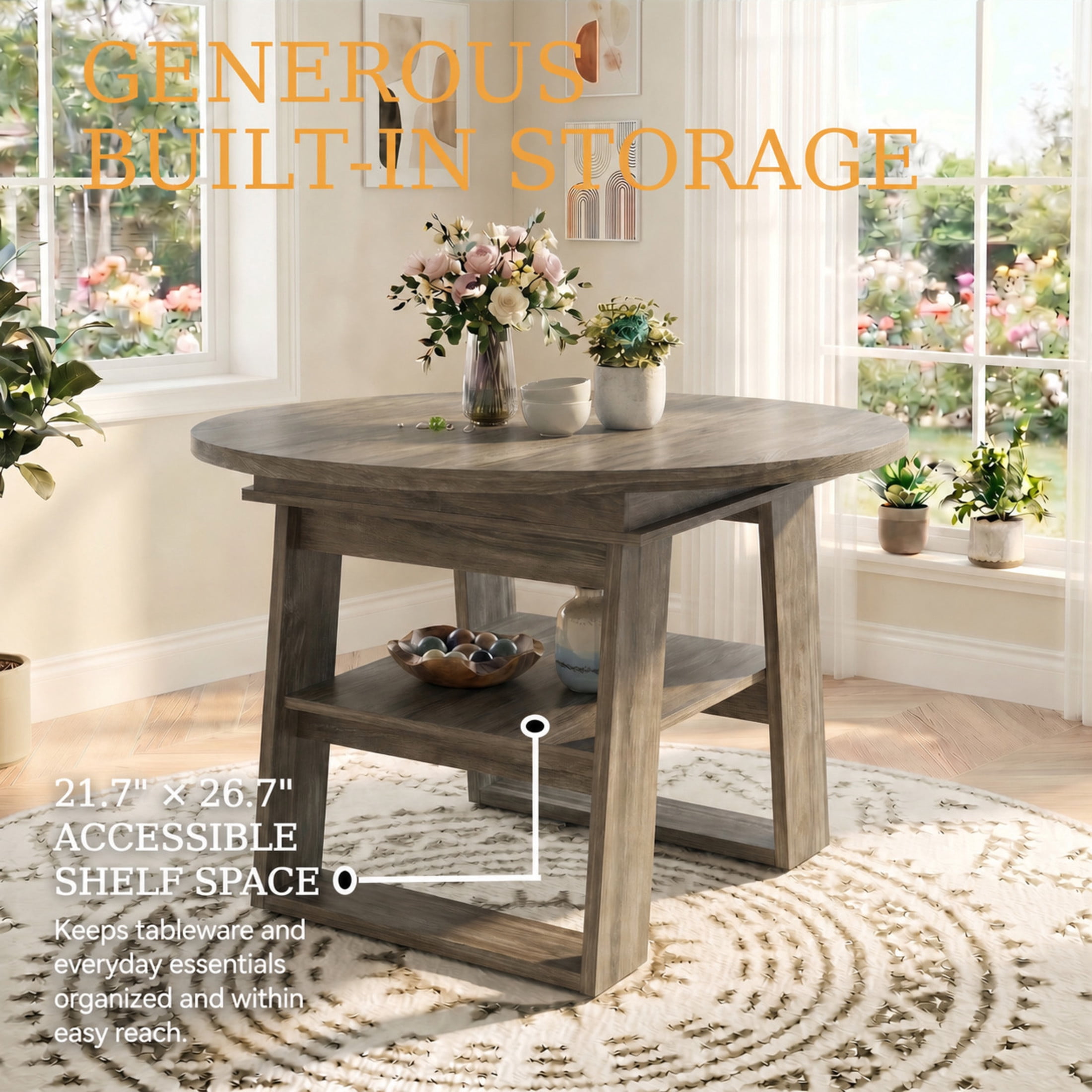 Noble House 43.3"-59.05" Extendable Round Dining Table, Oval Kitchen Table with Storage Shelf, Gray