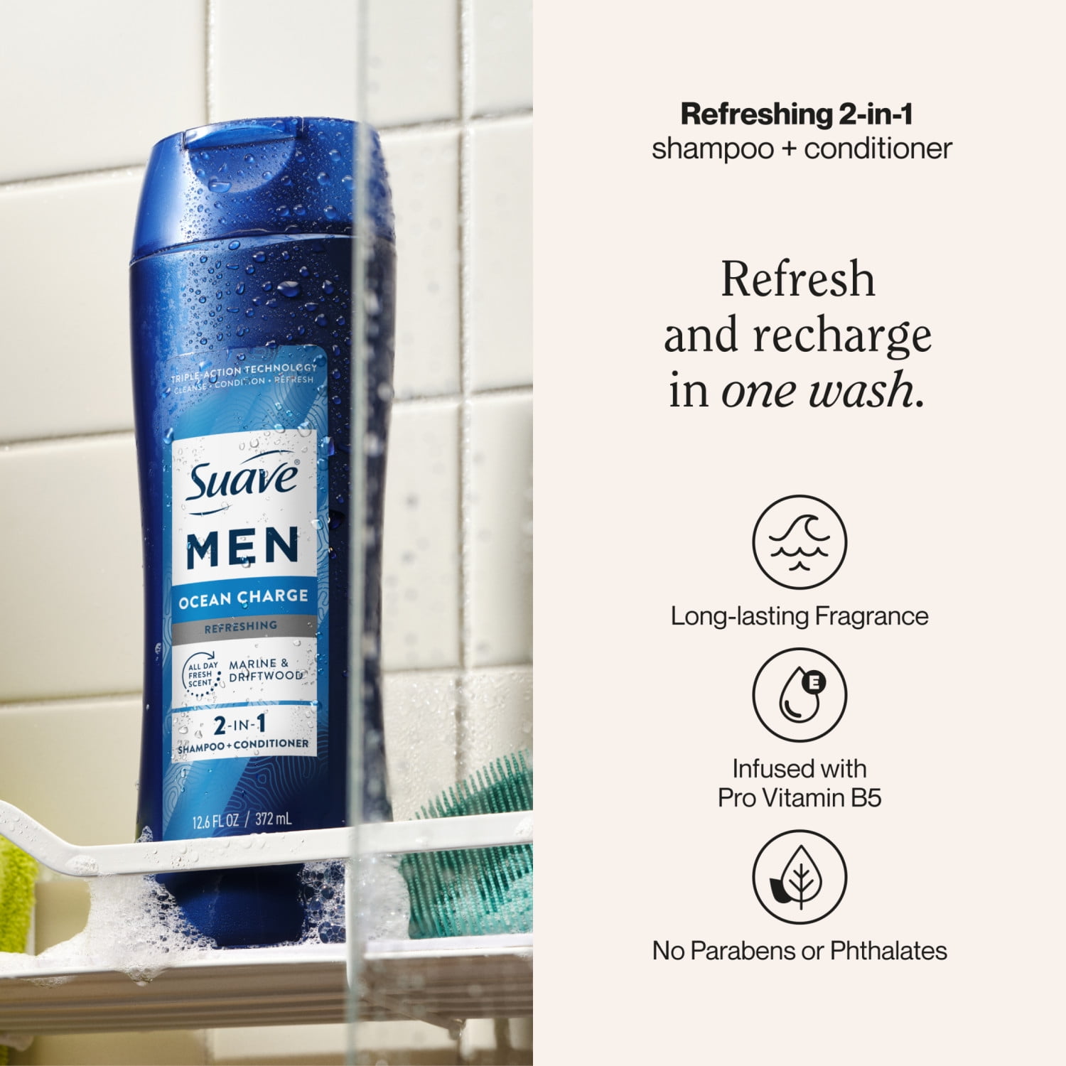 Suave Men Ocean Charge 2-in-1 Refreshing Shampoo & Conditioner with Pro Vitamin B5, 12.6 FL OZ