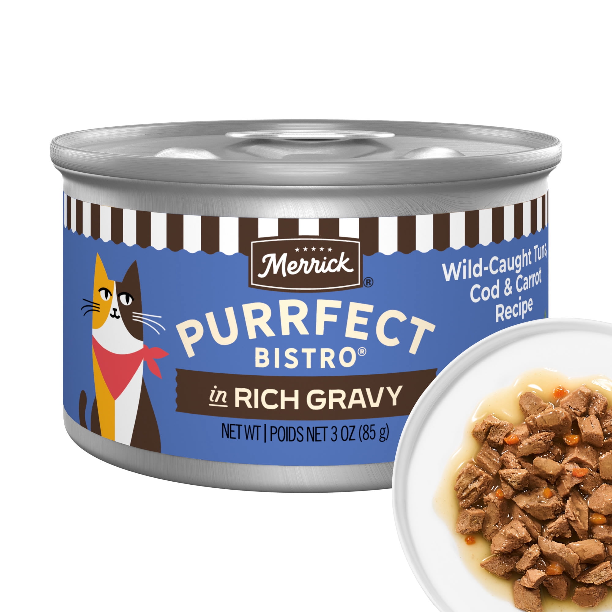 Merrick Purrfect Bistro Wild Caught Tuna, Cod and Carrot Recipe in Gravy, High Protein Natural Wet Cat Food, 3 oz., Case of 24