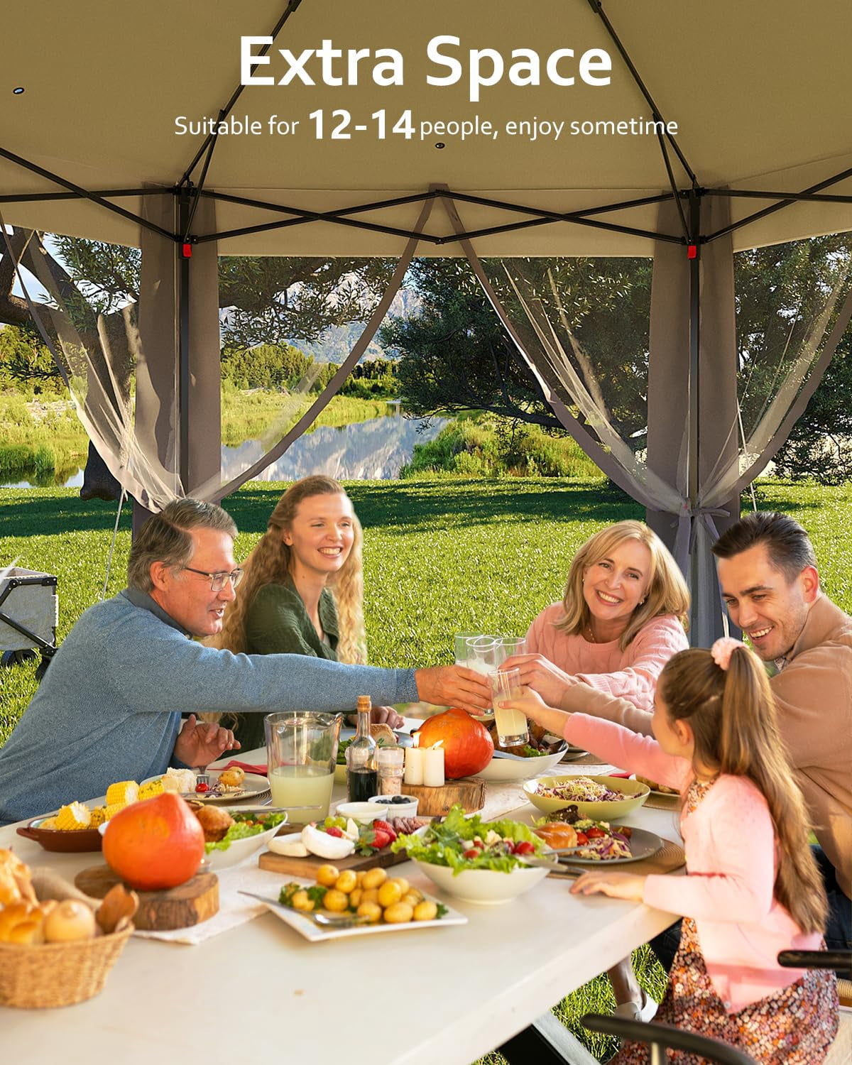 Luku 13'x13' Pop-Up Gazebo, Outdoor Hexagonal Patio Gazebo with Mosquito Netting, Instant Setup Canopy Tent with Strong Steel Frame and Sandbags, for Backyard, Gardens, Patio