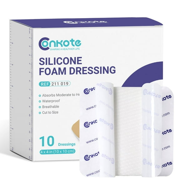 Conkote Silicone Foam Dressing Without Border Adhesive Bandage, 4"x4", 10 Count