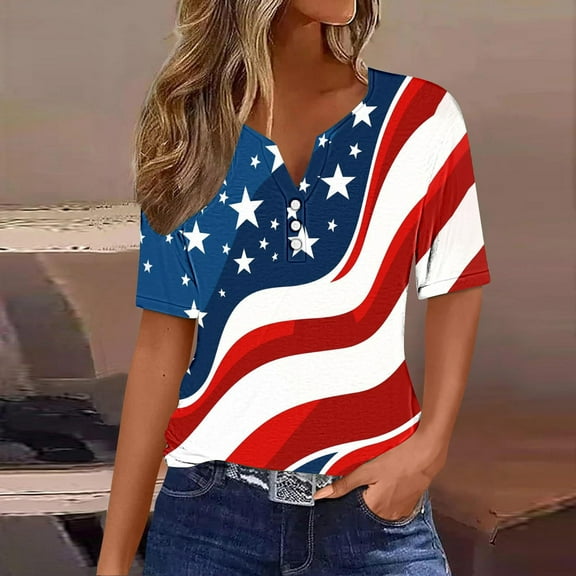 Sevevn Ladies' Independence Day Printed Button Up Three Quarter Sleeve 3/4 Sleeve V-neck Top/shirt End of Year Clearance Multicolor XXL