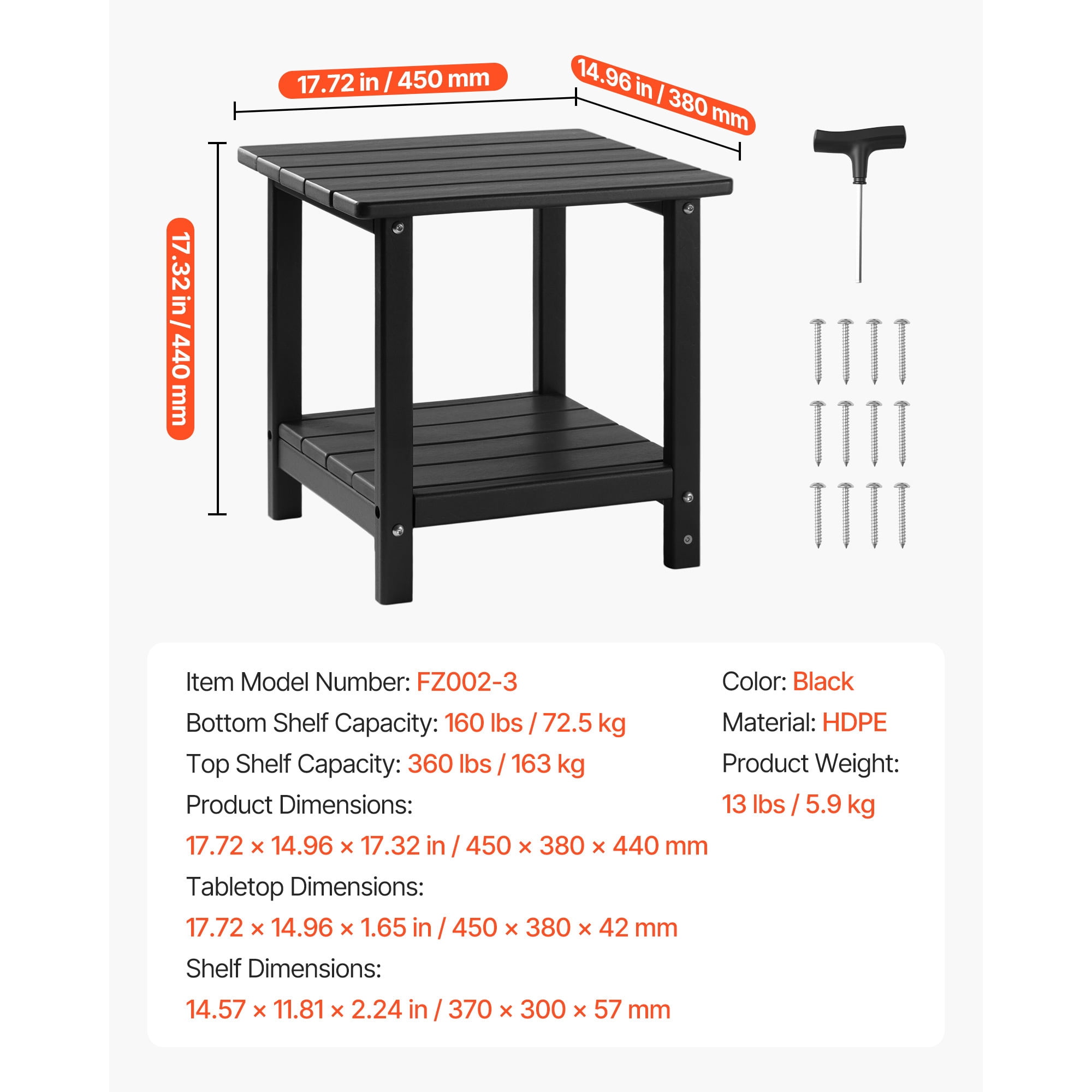 KFFKFF Outdoor Side Table, 17.72W x 14.96D x 17.32H Inch, Double-Layer HDPE End Table for Easy Care, Durable in Various Weather Conditions, Suitable for Patio,Poolside, Porch, Indoor, Backyard, Black