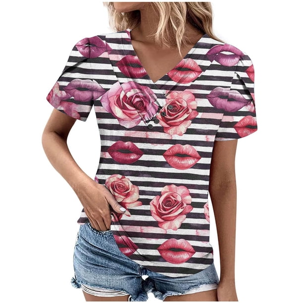 Top de Verano Mujeres Cuello en V Casual Manga Corta Primavera Y Top de Verano, Tops Cortos para Mujeres