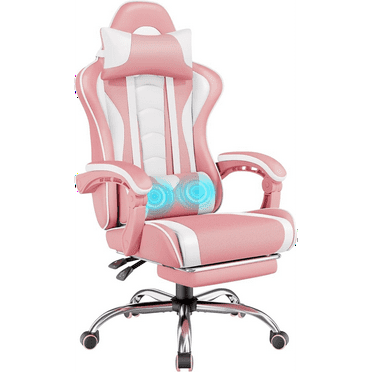 Gaming Chair, Video Game Chair with Massage Lumbar Support and Footrest Height Adjustable Ergonomic Computer Chair with Swivel Seat and Headrest, Pink/White