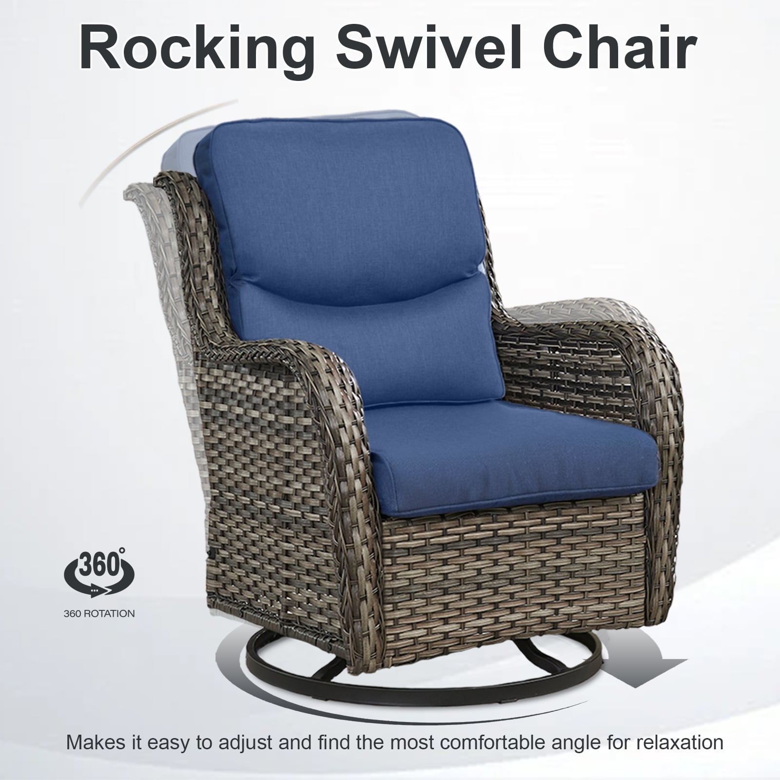 OPOHORO Swivel Outdoor Chair Set of 4 with 30" Propane Fire Pit Table, Patio Furniture Set with Firepit Brown Wicker High Back Patio Swivel Chairs for Garden Balcony Porch - Gray/Blue