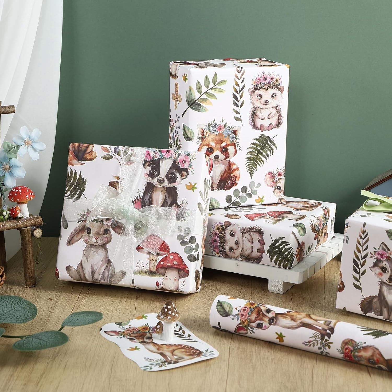 Kraft Woodland Animal Wrapping Paper Roll - Mini Roll - 17 Inch x 16.5 Feet - Greenery Woodland Forest Animals Design Perfect for Baby Shower, Kids Girls Boys Birthday