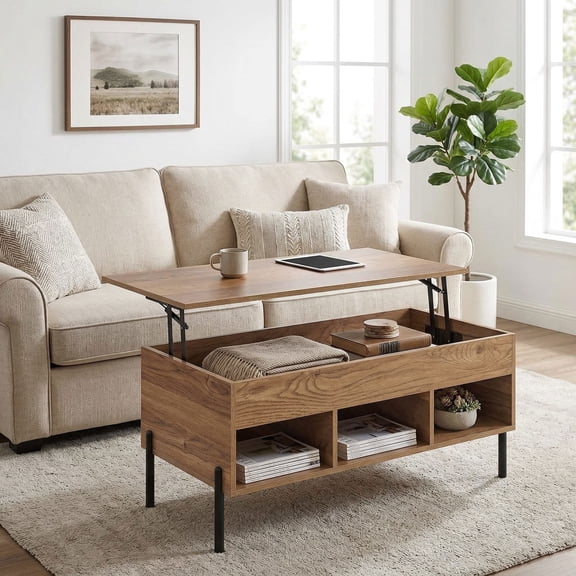 YYAo Coffee Table Butcher Block Top Large Accent Table,Living Room Central Table with Lifting Tabletop and Metal Legs-Natural