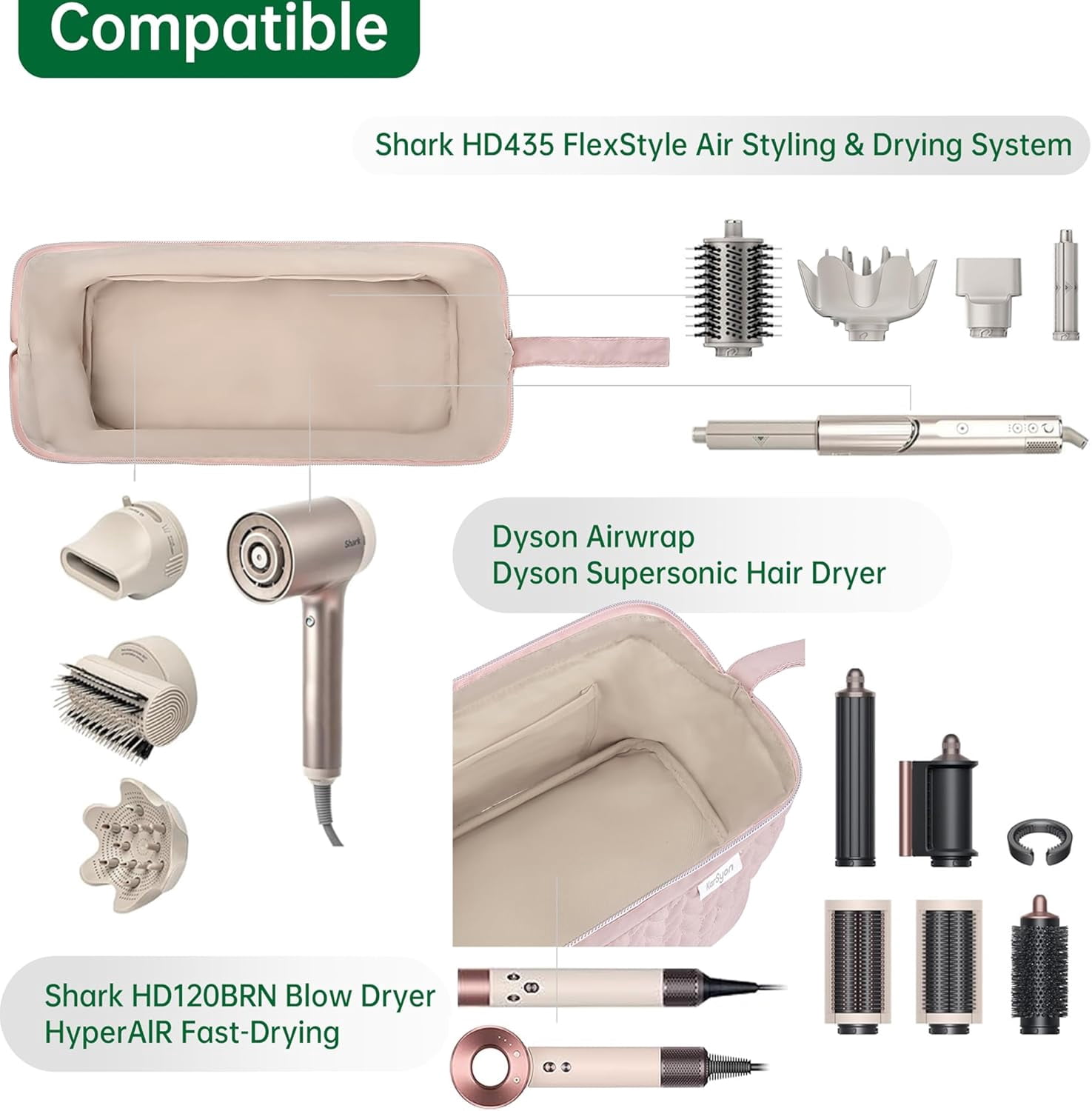 Aorsher Hair Dryer Travel Storage Bag Compatible with Shark Flex Style, Portable Organizer Bag for Styling Tools for Hair Dryer Brush, Flat Iron & Curling Iron Accessories, Pink