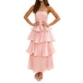 thumbnail image 2 of Women Summer Strapless Maxi Dress Ruffle Tiered Solid Backless Smocked Elegant Flowy Beach Long Dresses Pink S, 2 of 9