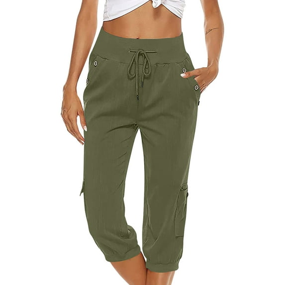 Liacowi Women Juniors Capri Pants Elastic Waist Pants Cropped Pants with Pockets for Casual Daily