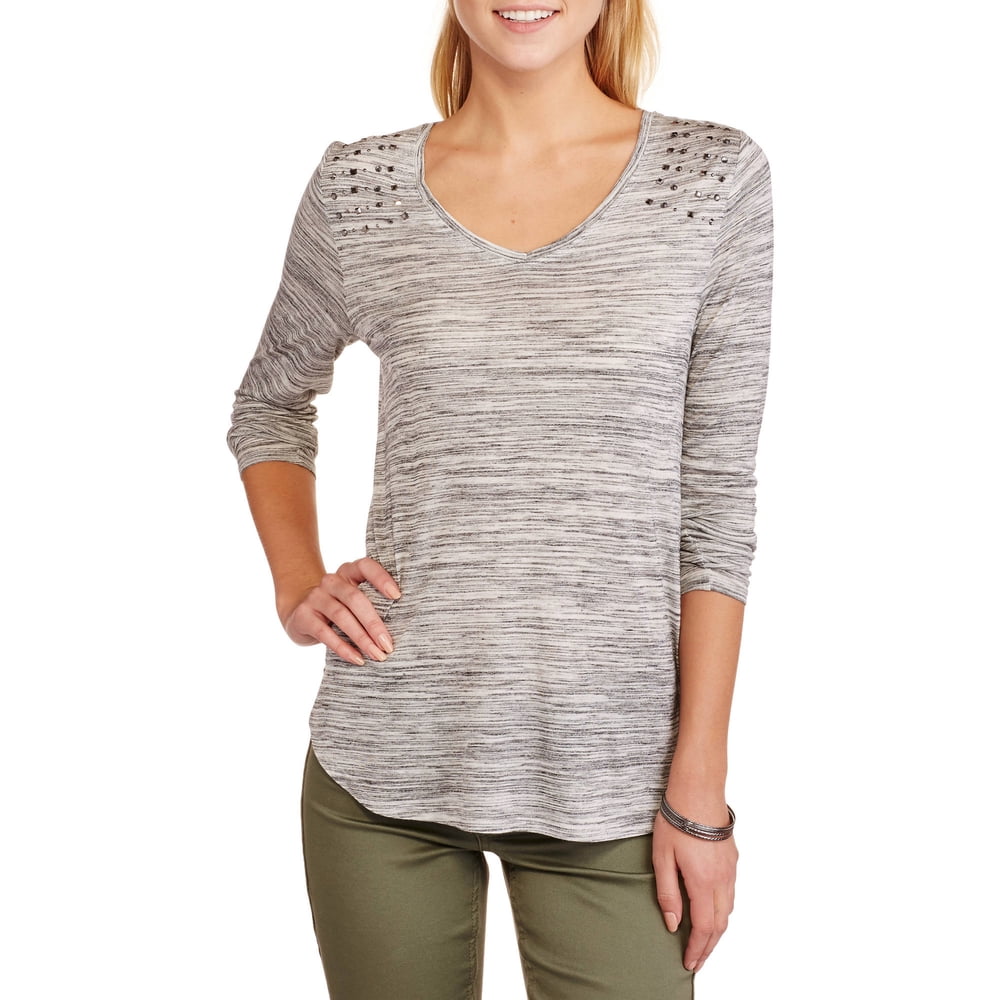 Faded Glory Women's Long Sleeve VNeck Embellished Jegging TShirt