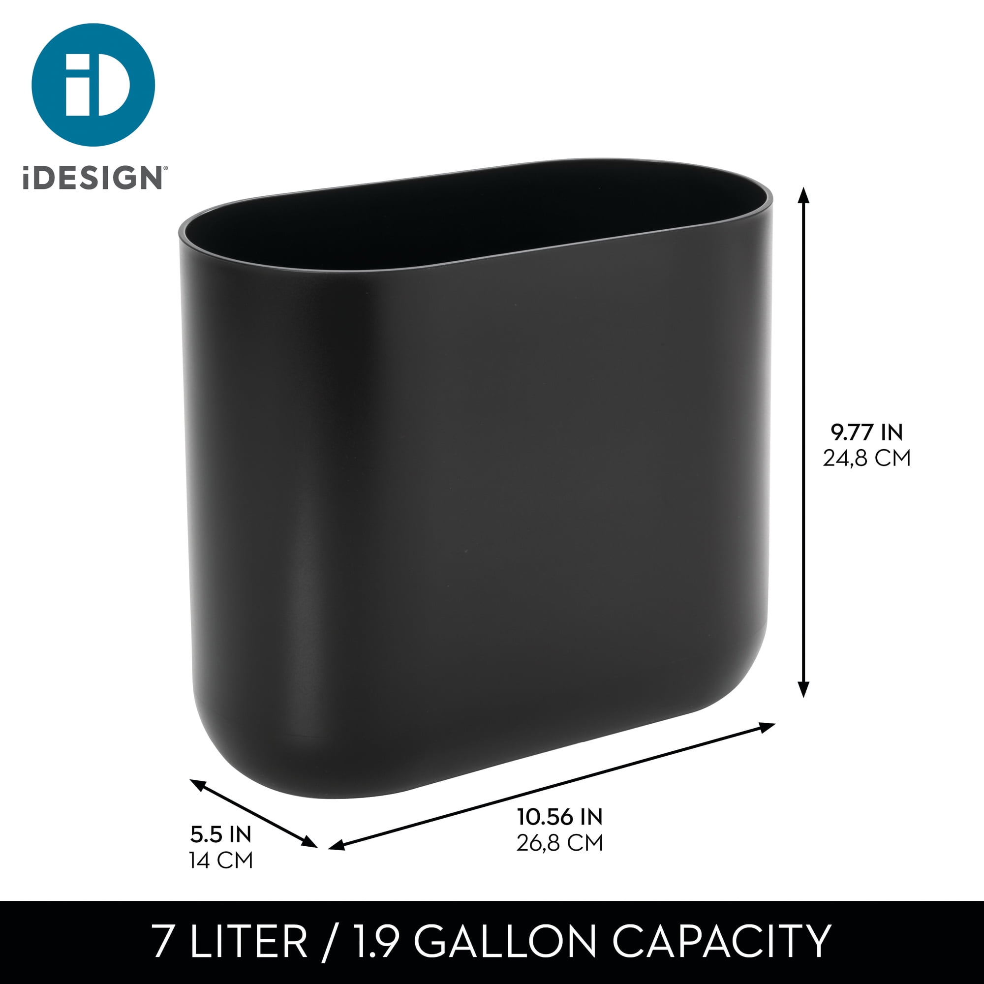 iDesign Oval Bathroom Trash Can, 1.9 Gallon Plastic Open Top Garbage Bin, Black