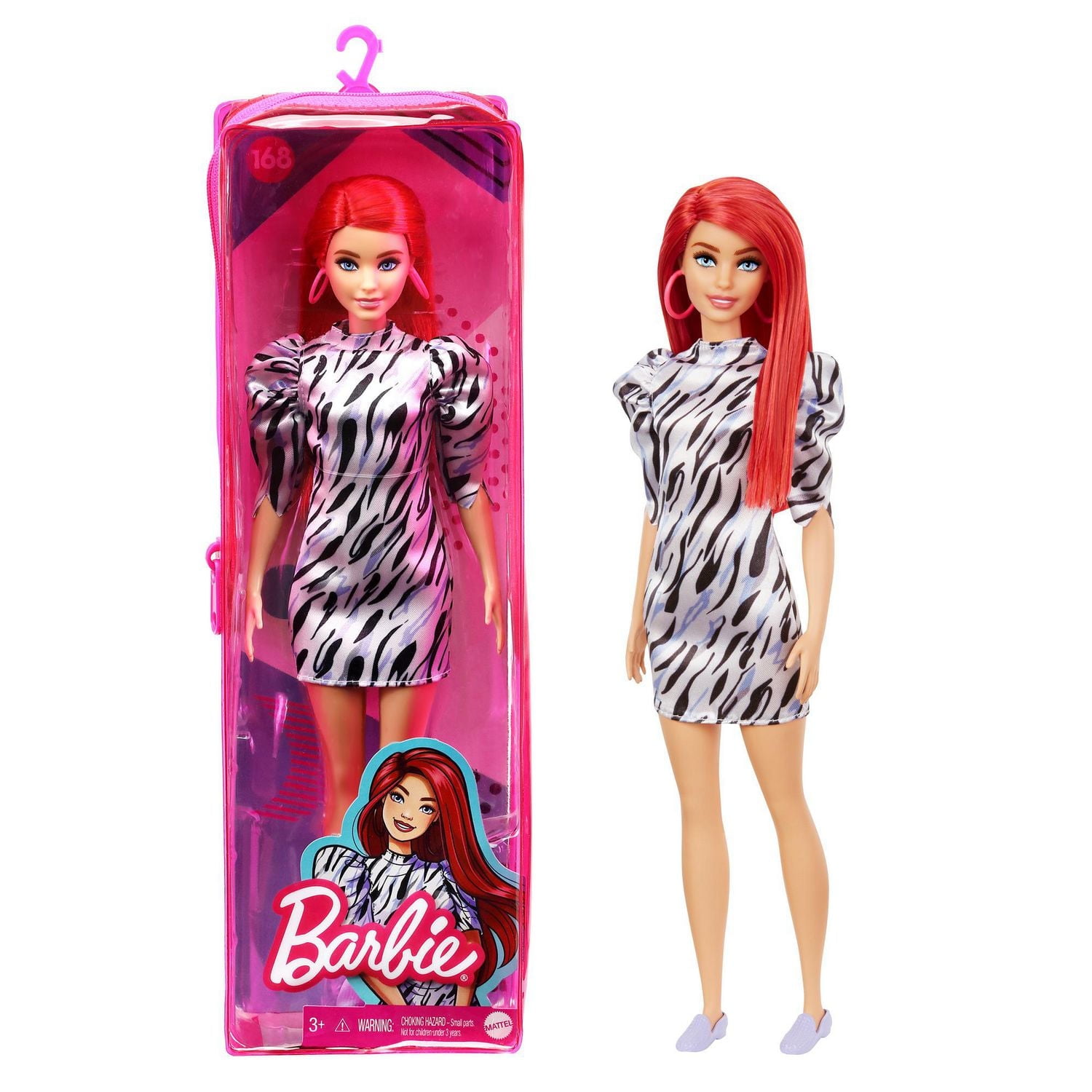Barbie Fashionistas Doll #168, Smaller Bust, Long Red Hair, Zebra-striped Dress with Puffed Sleeves, Hoop Earrings, Shoes, 3 to 8 Years Old