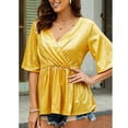 thumbnail image 2 of Women Short Sleeve Top Ruffle Hem Pullover Top Wrap V Neck Metallic Shirt Elastic Waist Blouse Gold XL, 2 of 6