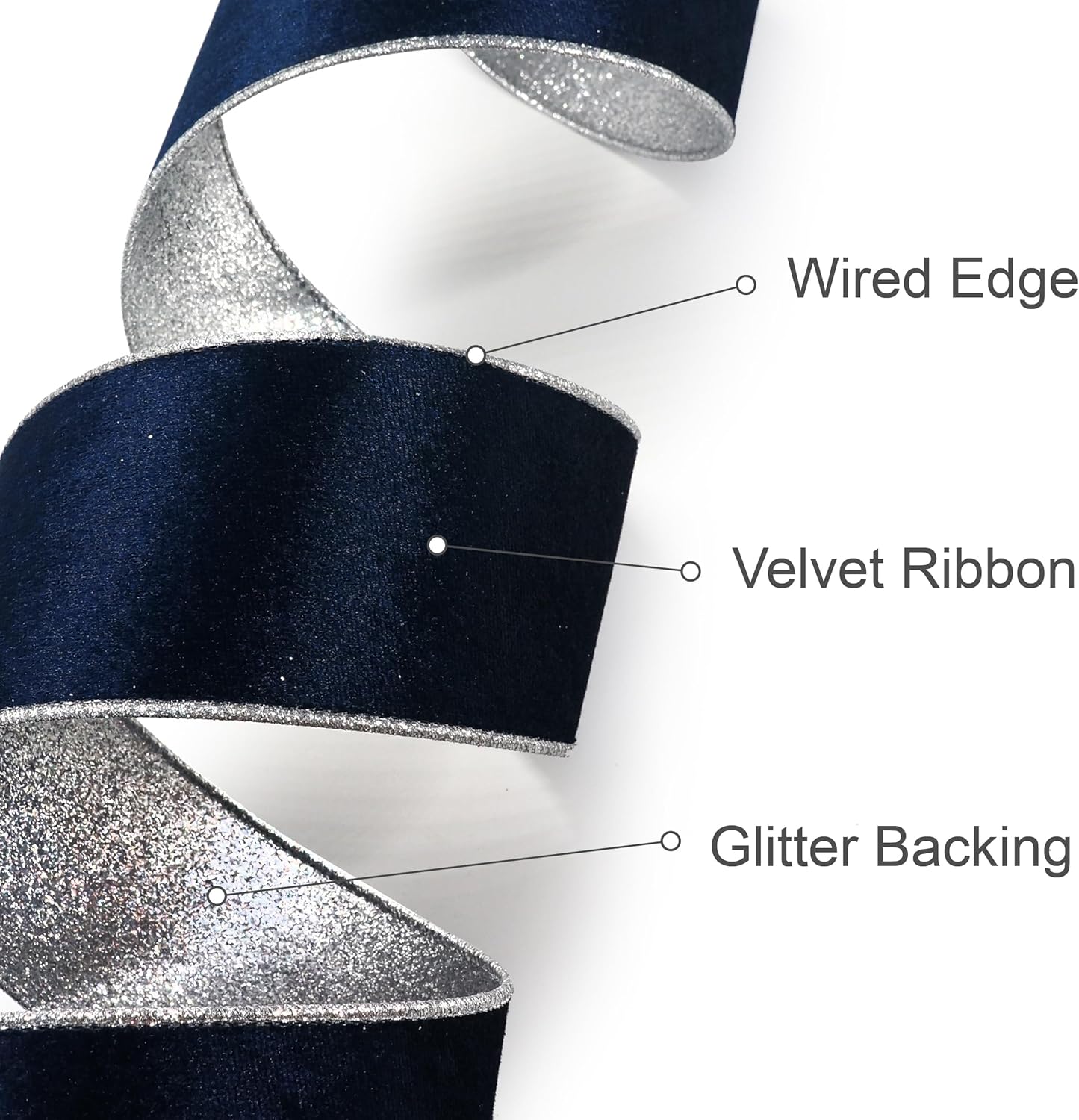 4" Navy Blue Velvet Silver Glitter Backing Wired Ribbon 10 Yards for Christmas Tree Wedding Wreath Gift Wrapping Home Décor DIY