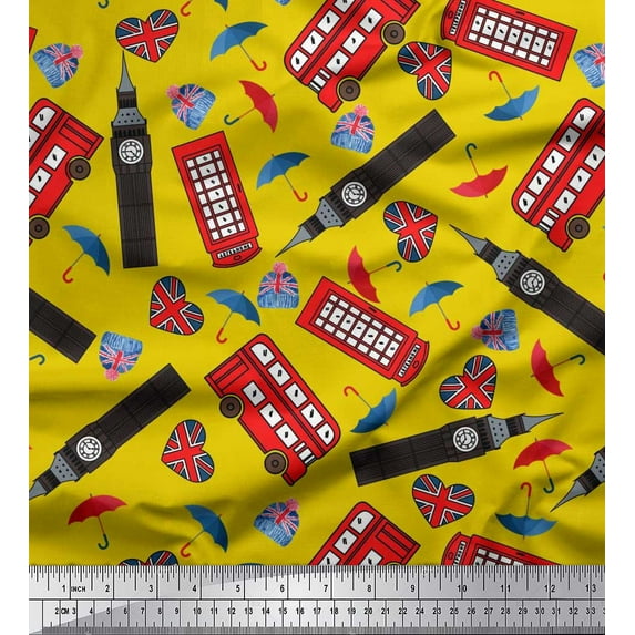Soimoi Cotton Jersey Fabric Bus,Telephone Booth & London Clock Tower Architectural Print Fabric by The Yard 58 Inch Wide