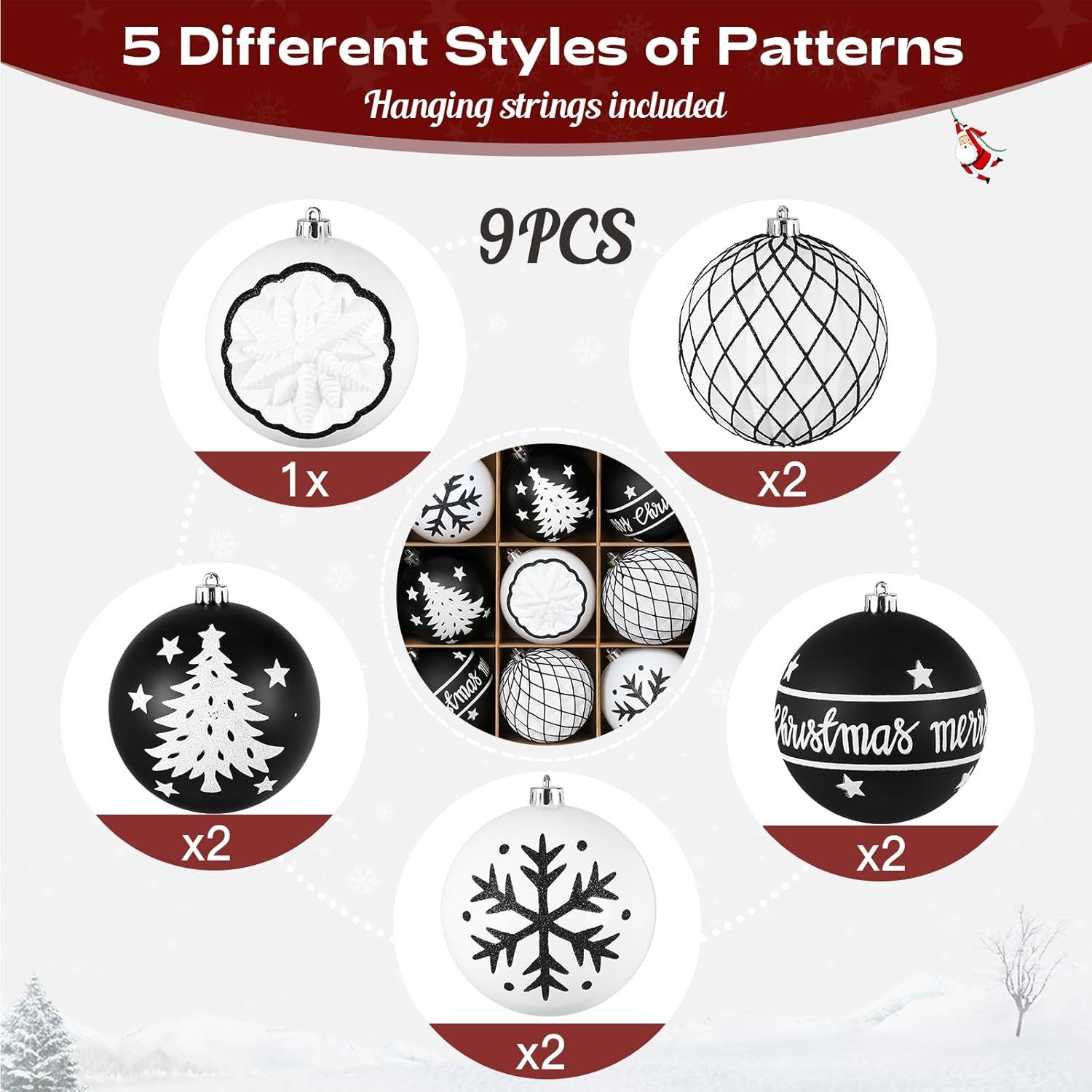 100MM/4 Inch 9PCS Large Christmas Balls Ornaments, Shatterproof Plastic Hanging Big Baubles Set for Xmas Tree Decoration Holiday Party Wedding Decorations with Hook