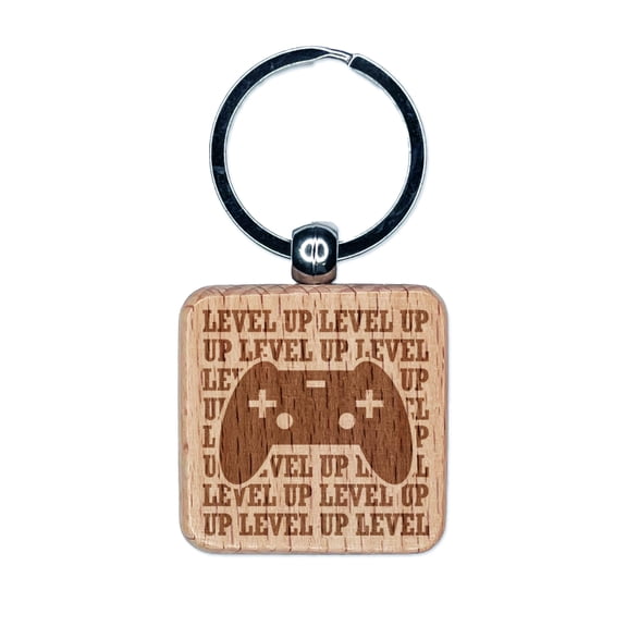 Level Up Game Controller Square Keychain Charm Tag - Engraved Wood