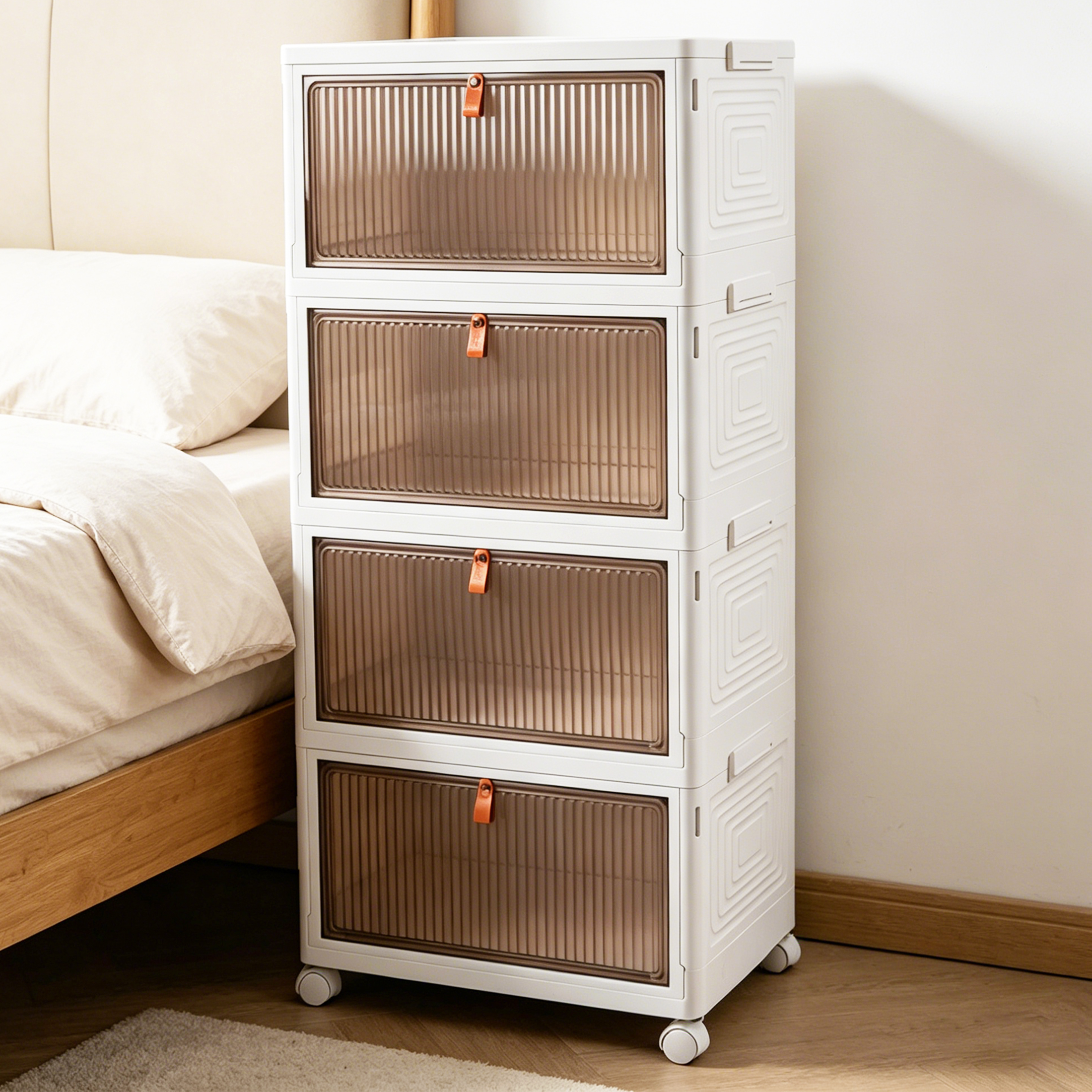 4 Tier Stackable Storage Bins with Lids, 92 QT Foldable Storage Cabinet with Doors and Wheels, Plastic Storages Drawers Closet Organizers for Bedrooms, Living Rooms Dorm, White