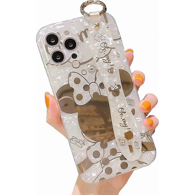 Cute Case for iPhone 13 Pro Max, Wrist Strap Kickstand Soft TPU Shockproof, Cartoon Kawaii Cover Fashion Minnie Mouse Sparkle Bling Design, iPhone Cas