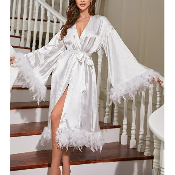 Huakaishijie Women Elegant Lingerie Feather Robe Long Sheer Kimono Robe Bridal Robes Nightgown - Walmart.com