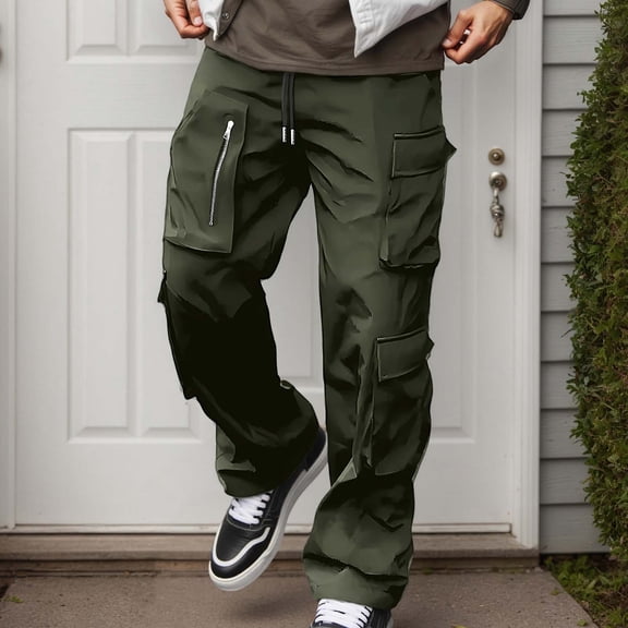 BUWTTER Men’s Heavy Duty Cargo Pants Slim Fit Ripstop Work Trousers Multi-Pocket Outdoor Hiking Army Green L