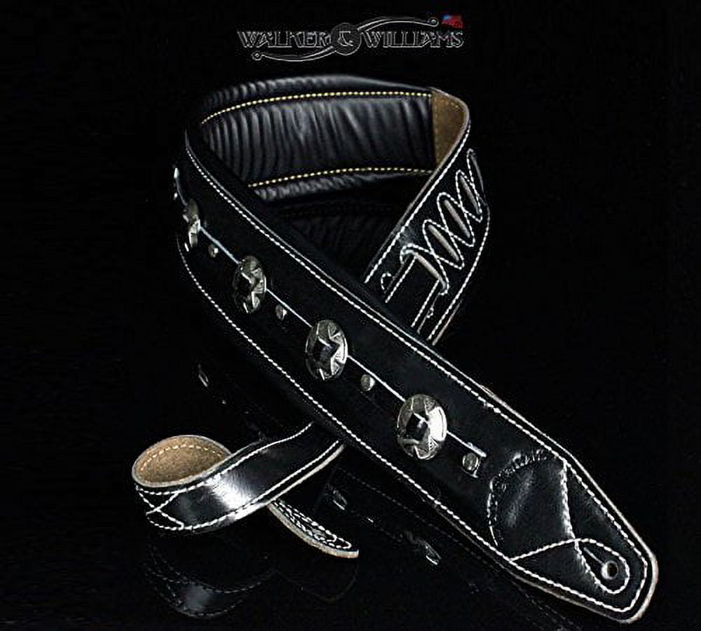 Walker & Williams C44 Premium Top Grain Black Leather Padded Concho Strap for Guitar or Bass 3.5" Wide