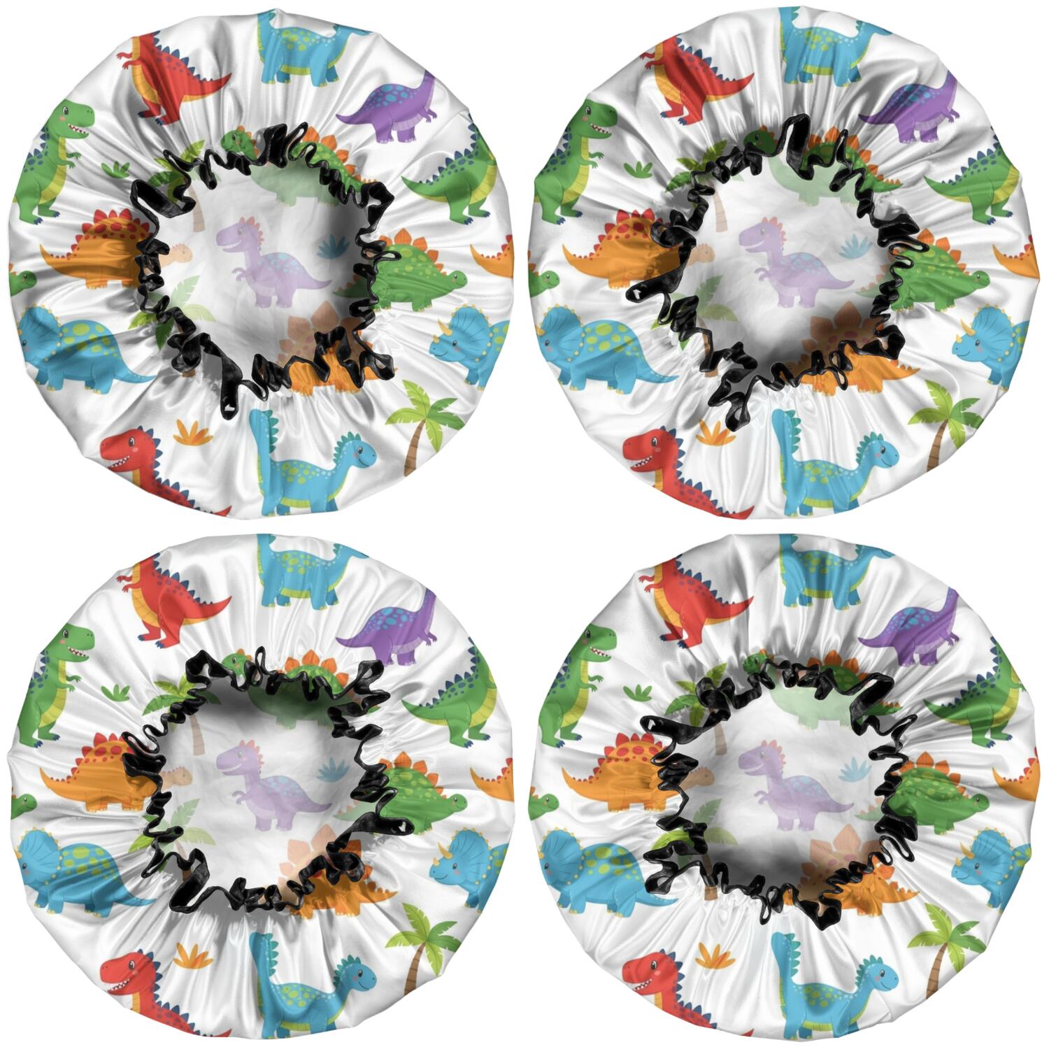 Shower Caps,White Dinosaurs Colorful Species Palms Pattern Waterproof Shower Cap for Women 4 Pieces,Double Reusable Hair Cover for Shower PEVA Elastic Stretch Hem