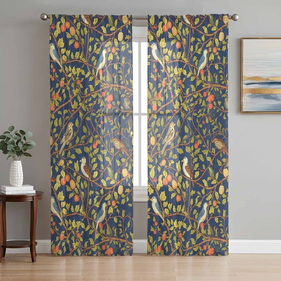 Botanical Birds Sheer Curtains 96 Inch Length 2 Panels Set, Art Abstract Leaves Blue Voile Window Treatment Semi Sheer Long Curtains Drapes for Bedroom/Living Room/Kitchen 52"x96"x2