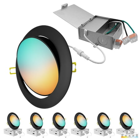 

NUWATT 6 Pack 6 Inch Adjustable Recessed LED Ceiling Light 12W 5 CCT Selectable: 2700K Soft White - 5000K Daylight 1050 lumens 120V Dimmable IC Rated J Box Included Black Trim