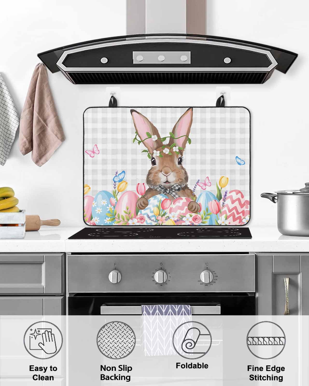 Large Induction Cooktop Protector Mat Bunny Easter Stove Top Covers for Electric Stove, Pink Floral Eggs Farmhouse Checkered Decorative Stove Burner Cover Mats, Glass Top Stove Cover