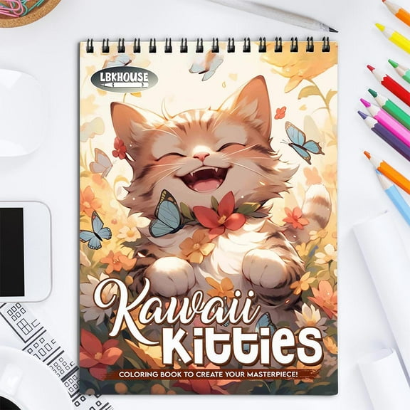 LBKHOUSE Kawaii Kitties Coloring Book Spiral Bound for Adults, Premium Cover