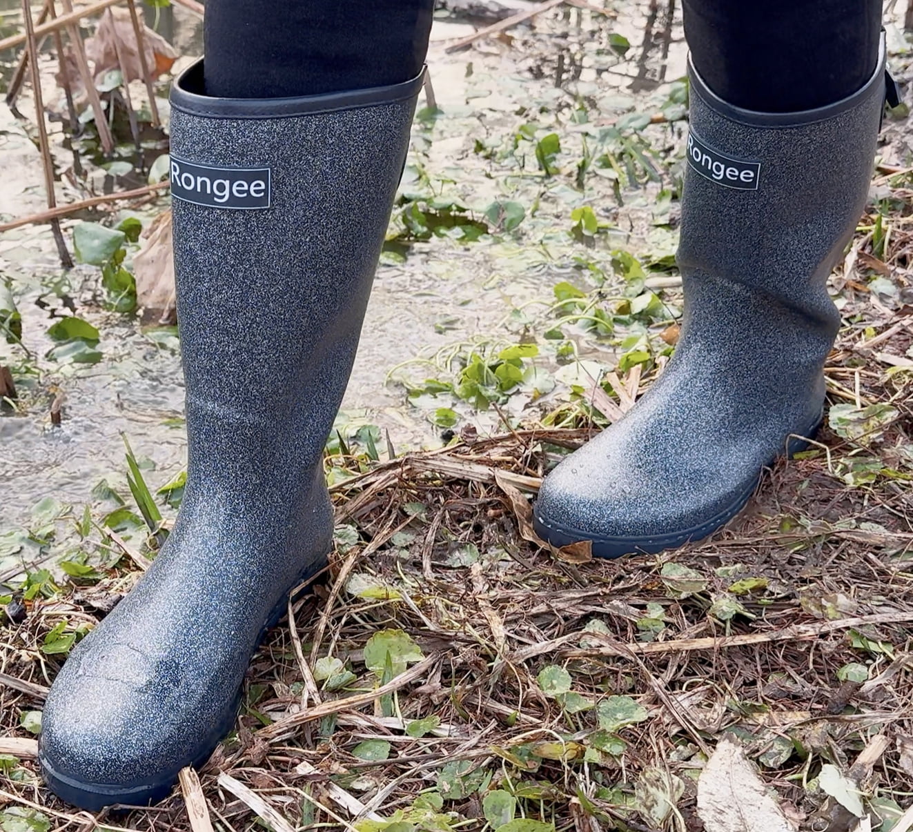 Rongee Waterproof Rain Boots for Women Mid Calf Garden Shoes Glitter Boots Outdoor Mud (7 B(M) US)