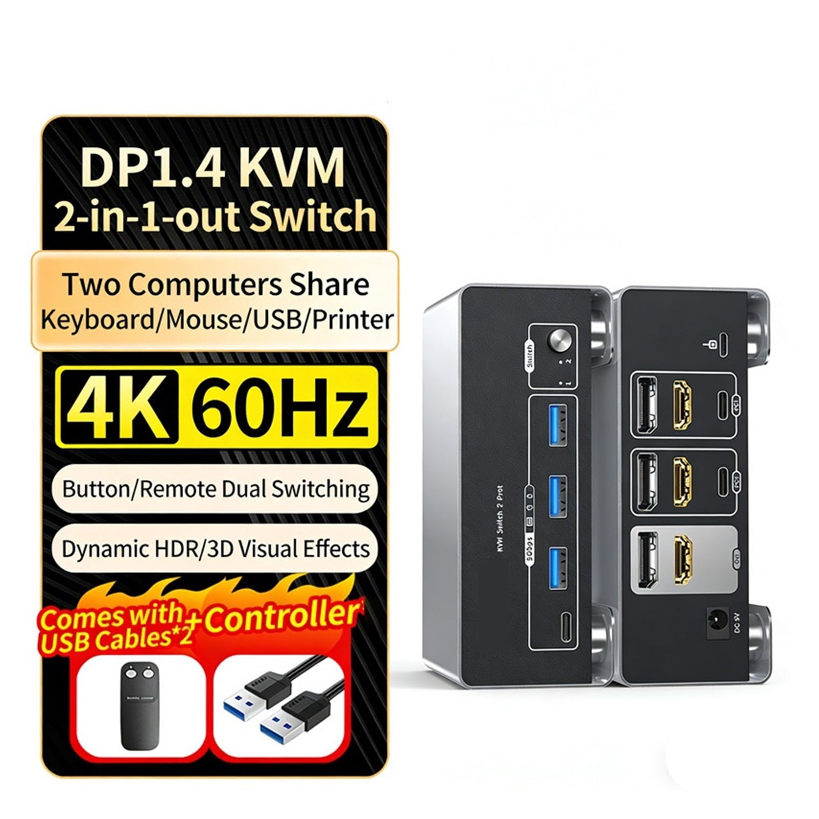 8K 60Hz KVM Switch Dual Monitor, DP & HD Video Port, USB 3.0 for 2 PC