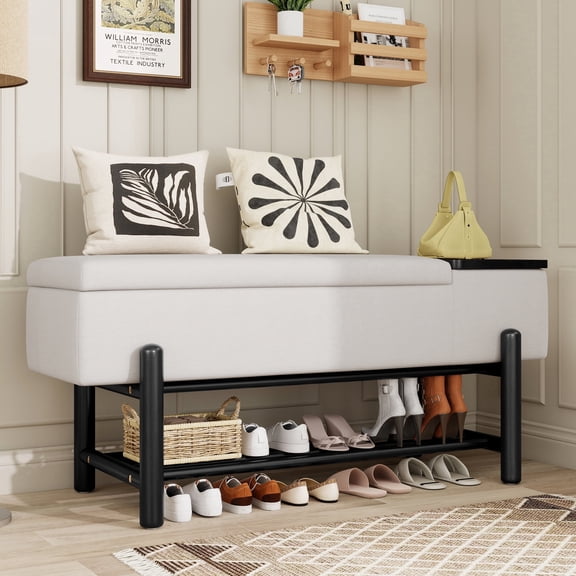 47" Upholstered Storage Bench, Farmhouse Wood Shoe Rack with Hidden Storage Cabinet and Open Shelf, 2-Tier Entryway Bench for Hallway, Living Room