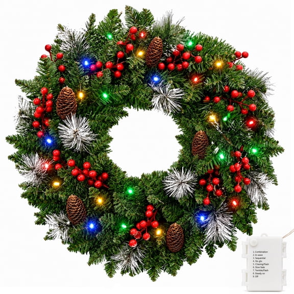 Curtilage 24" Pre-Lit Christmas Wreath for Front Door Window, Artificial Christmas Wreath with Color Lights Pine Needles Pine Cones Red Berries, Green