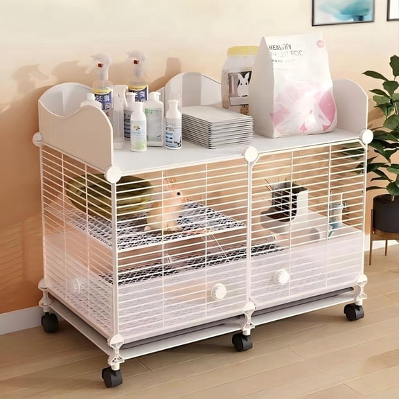 Aqwiopr Indoor Small Animal Cage with Storage Top & Wheels - Rolling Metal Habitat for Rabbits, Guinea Pigs, & Ferrets - Leak-Proof Trays & Ramp
