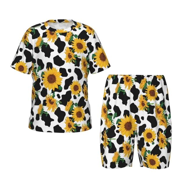 Fotbe Cute Cow Print Sunflower A Pijama Estampada de 2 Piezas para Niños – Ropa de Dormir de Manga Corta Cómoda para Niños y Niñas, Camiseta y Shorts de Algodón-4X-Large
