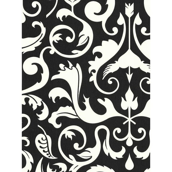 Concord Wallcoverings Textured Wallpaper Damask Floral Ornament, White Satin Black, 21 In x 33 Ft (56 sq. ft), 669377